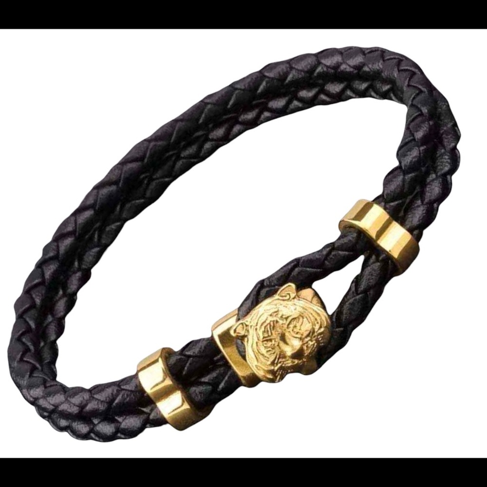 Tiger head braided leather bracelet